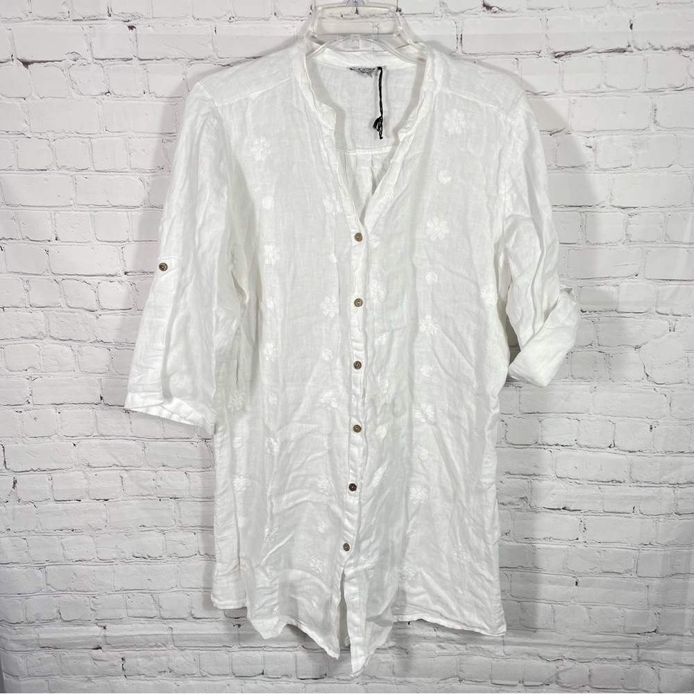 Rosemarine Made In Italy Linen Daisy Embroidery Shirt Dress/Cover-Up Size L